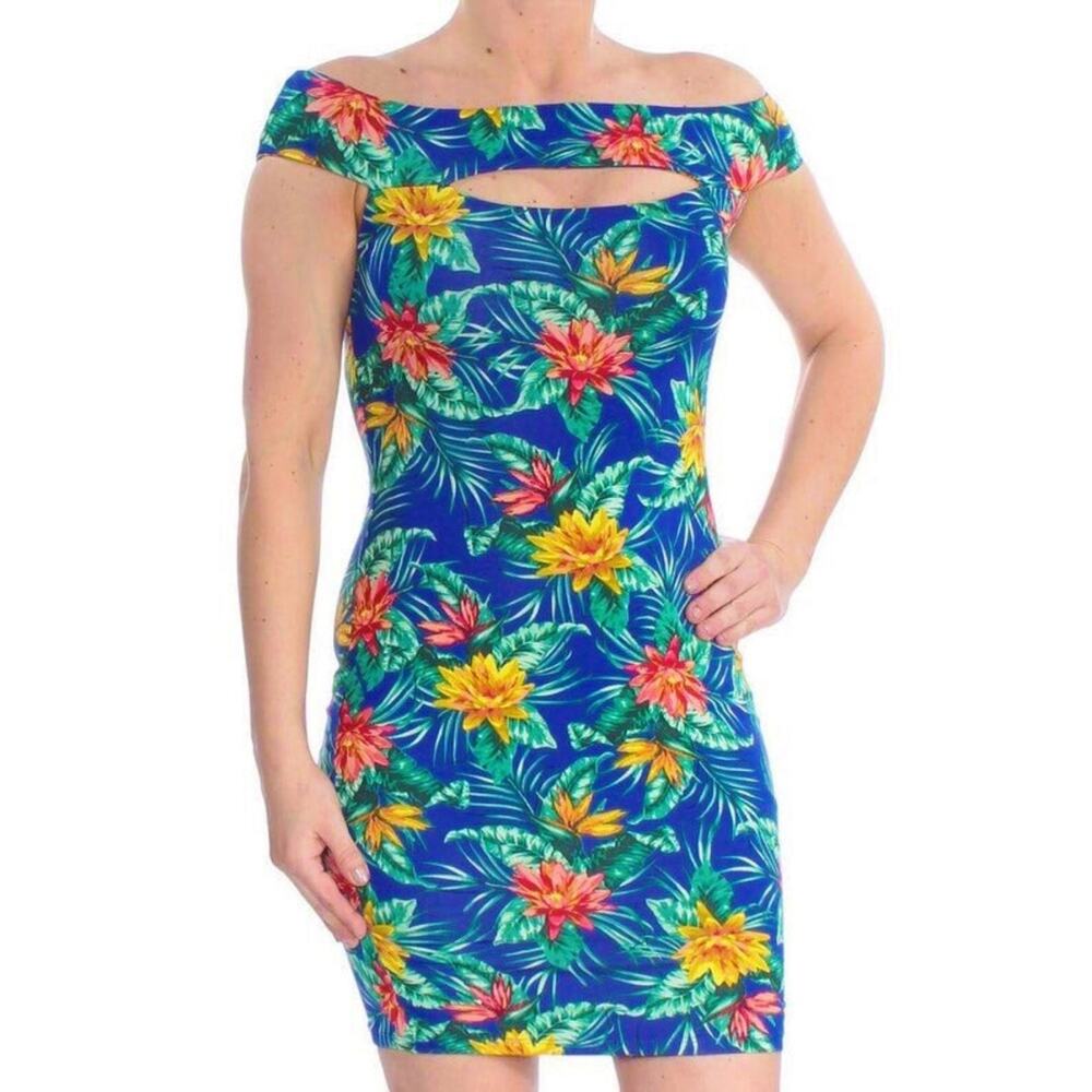 Guess Off The Shoulder Tropical Mini Dress Size S Blue Yellow Floral Print